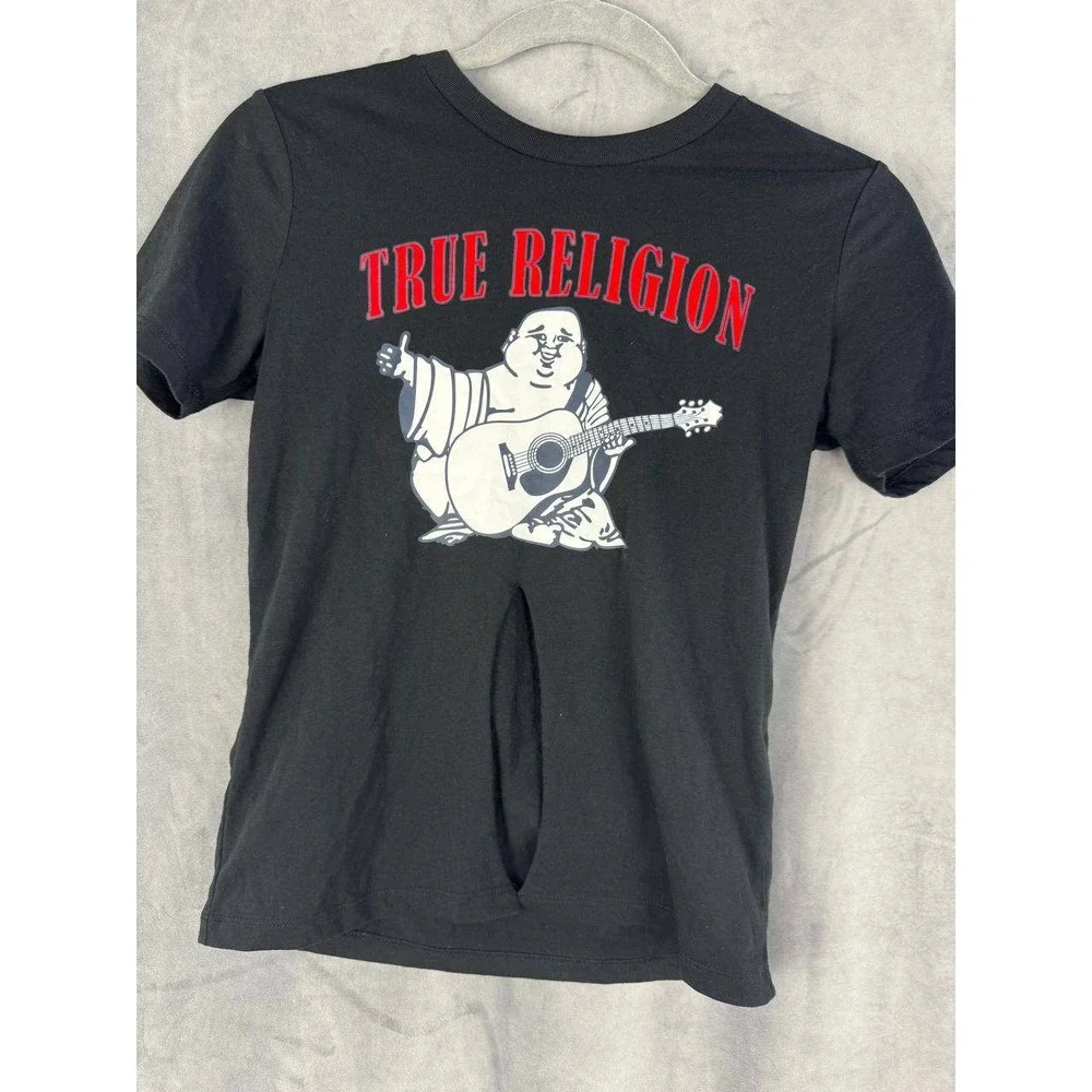 True Religion Graphic T-Shirt Buddha Guitar Black Deconstructed Size S